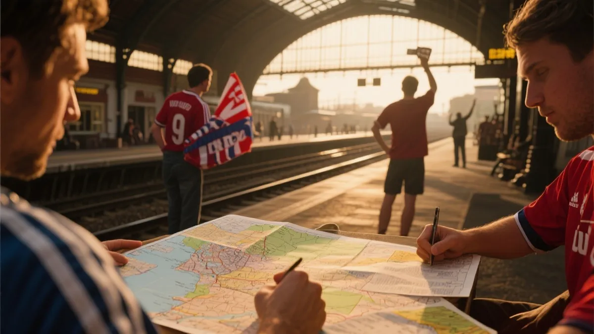 比赛日前往球场的人群与交通枢纽，旅行计划氛围